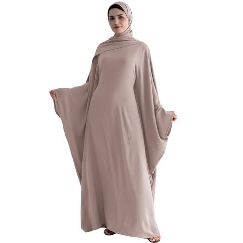 ODIZLI Abayas For Women Muslim Dubai Full Cover Kaftan Shirt Dress Batwing Sleeve Prayer Dress With Hijab - color: Light Gray + Hijab, size: Two