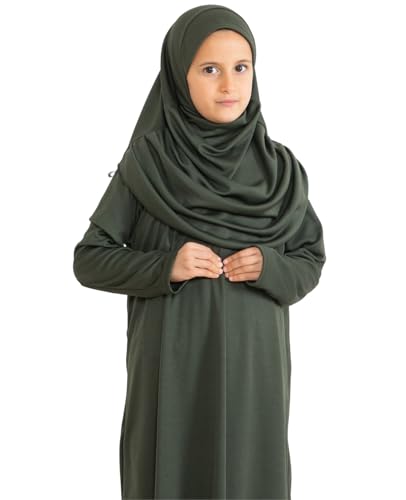 Prien Kids Prayer Dress Muslim Clothes for Girls Long Sleeve Abaya with Hijab Two Piece Maxi Islamic Set Scarf Kaftan Jilbab - color: Khaki