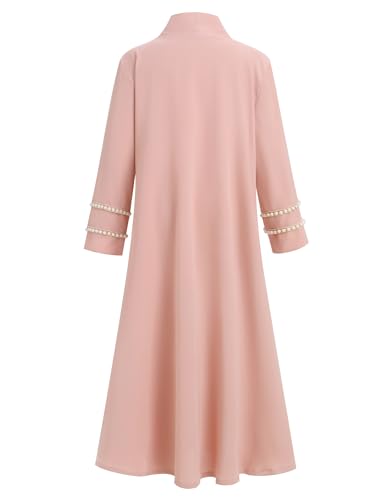 ODASDO Abaya for Girls Muslim Islamic Middle East Prayer Clothes Chiffon V-neck Open Front Cardigan Maxi Dress with Hijab - color: Pink, size: 7-8 Years