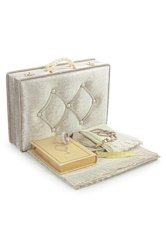 ihvan online Muslim Prayer Rug Set, Islamic Dowry Gift Box for Men & Women, Shawl, Kufi Hat, Digital Beads Counter, Quran Gift, Elegant Islamic Gifts Set for Ramadan & Eid & Wedding, Beige - color: Beige