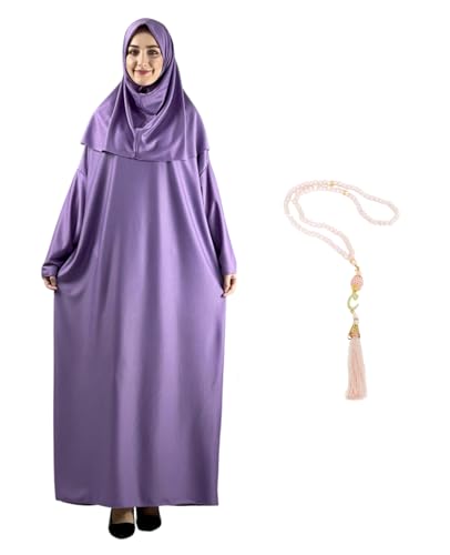 Women Prayer Clothes with Hijab Muslim Outfits Long Robe Abaya Turkish Islamic Dresses Dubai Kaftan with Rosary - color: Lilac