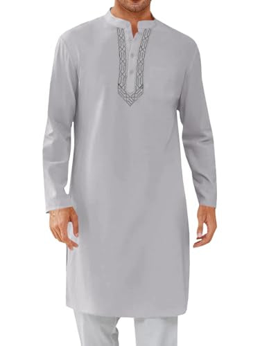 Runcati Mens Kaftan Thobe Button Down Casual Henley Shirts Long Sleeve Robe Cotton Linen Muslim Gown Shirt - color: Grey, size: Medium