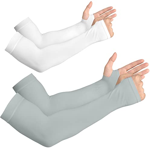 YESLIFE UV Sun Protection Arm Sleeves for Men & Women,UPF 50 Cooling Sports Sleeve - color: White + Gray - With Thumb Hole, size: 2 Pairs