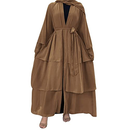 Muslim Chiffon Abaya for Women Open Front Cardigan Modest Dress with Hijab Scarf Middle East Arabian Robe Islamic Long Dress - color: Brown, size: Large