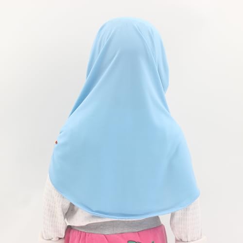 Girls Instant Hijab – Soft Kids Muslim Scarf with Flower, Breathable One-Piece Headscarf for Toddlers Age 2-8 - color: Small Flower-sky Blue