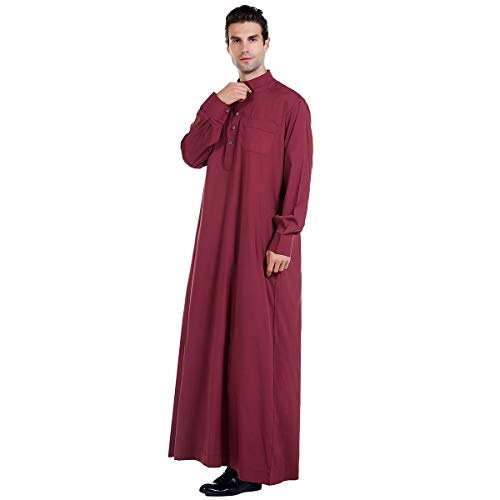 Lenmipot Men's Muslim Clothes Durable Kaftan Robe Dubai Long Gown Ethnic Clothes,1pc Soft Robe - color: B Wine, size: Large