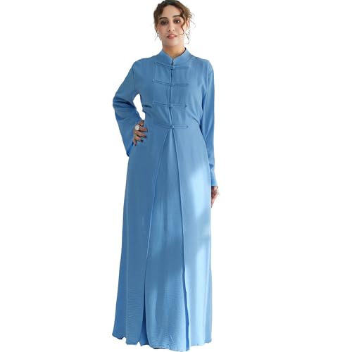Lenmipot Elegant Middle Eastern Abaya 2pcs Stand Collar Maxi Dress for Women Muslim Jilbab Kaftan Eid Dubai Abaya Outfits - color: Bluea, size: Large