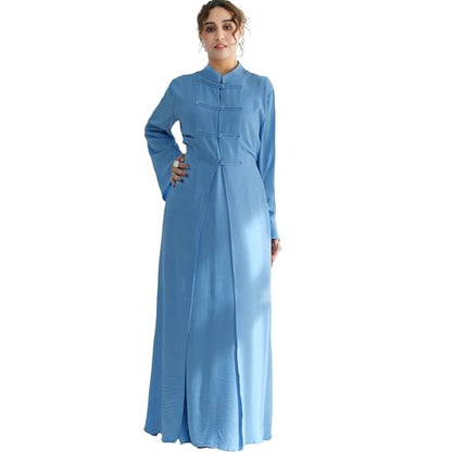 Lenmipot Elegant Middle Eastern Abaya 2pcs Stand Collar Maxi Dress for Women Muslim Jilbab Kaftan Eid Dubai Abaya Outfits - color: Bluea, size: Large