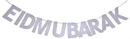 Ramadan Eid Mubarak Silver Glitter Banner, Islamic Muslim Party Decoration Supplies (2)