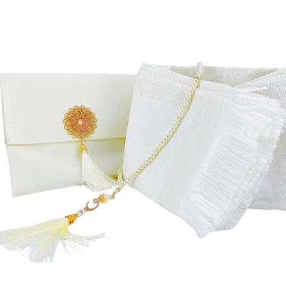 BABY SHOWER CHOCOLATE Muslim Prayer Rug and Tasbeeh Set with Portable Premium Shantung Bag – Soft Janamaz Sajadah for Men & Women – Islamic Gift for Ramadan, Eid, Hajj, Umrah – Travel Prayer Mat - color: White