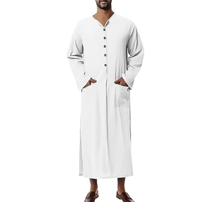 Muslim Thobe for Men Button Down Kaftan Long Sleeve Long Gowns Solid Sleep Shirts Robes with Pockets Side Split - color: White, size: 4X-Large
