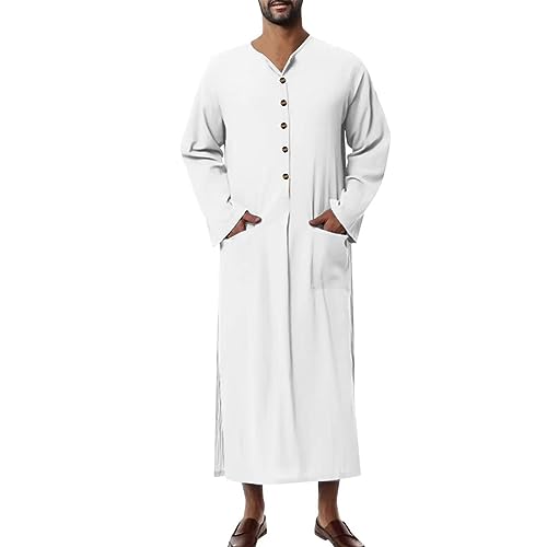 Muslim Thobe for Men Button Down Kaftan Long Sleeve Long Gowns Solid Sleep Shirts Robes with Pockets Side Split - color: White, size: 4X-Large
