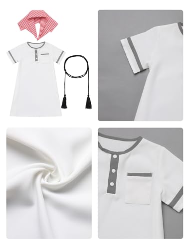 IDOPIP Muslim Baby Boys Ramadan Eid Outfit Kaftan Thobe Arabic Islamic Abaya Dubai Robe Prayer Clothes with Head Scarf + Rope - color: White + Red, size: 0-3 Months