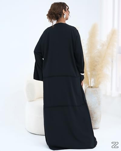 Abaya Muslim Prayer Dress Set Ramadan Open Front Islamic Clothing 3pcs Prayer Robe with Waist Apron Loose Flowy - color: Black, size: Large
