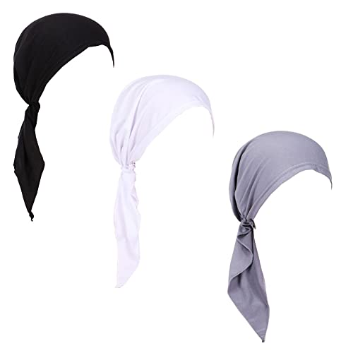 3 Packed Women's Pre Tied Head Scarves Slip On Chemo Beanies Hair Cover Headwrap Caps - color: A3-solid-3packed