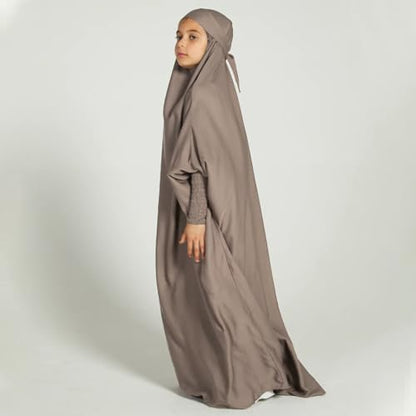 IDOPIP Muslim Dress for Girls One Piece Long Sleeve Islamic Prayer Dress with Hijab Casual Maxi Kaftan Abaya Gown Clothes - color: Light Coffee, size: 12-13 Years
