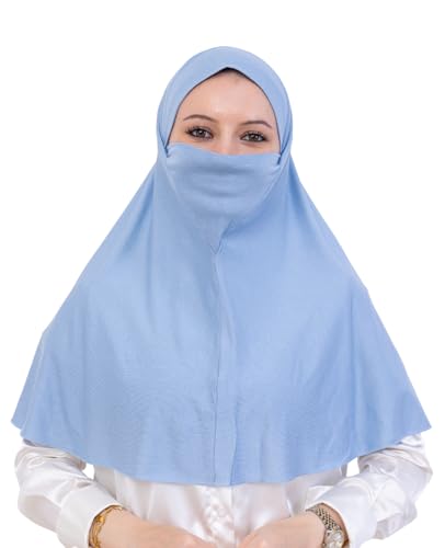 Prien Easy To Wear Hijab For Women, Muslim Instant Turban With Niqab, Islamic Clothes, Soft Scarf For Prayer, Abaya, Khimar - color: Light Blue
