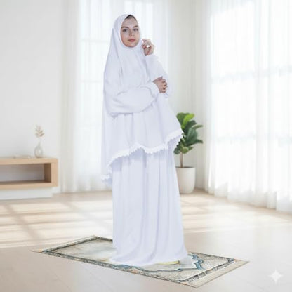 Women's Prayer Dress 2 Pieces Microfiber Solid Color Plus Long Sleeve | One-Size | Hijab Abaya Suit - color: White