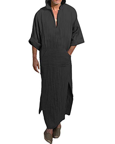 Jacansi Men's 65% Cotton 35% Linen Kaftan Thobe, Long Sleeve Casual Arabic Robe, Loose Long Gown with Pockets - color: 3# Black, size: Medium