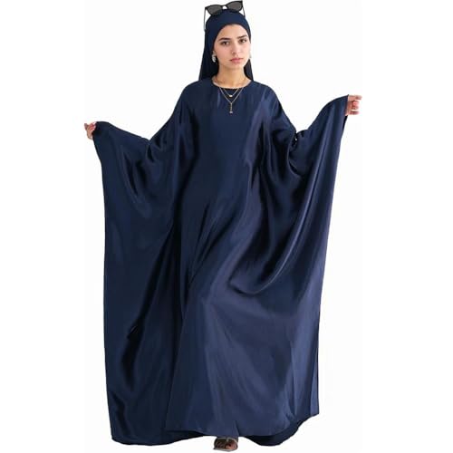 Muslim Dress Women Abaya Elegant Satin Prayer Dress Batwing Long Sleeve with Hijab Arab Islamic Dubai Ramadan Robe - color: Darkblue