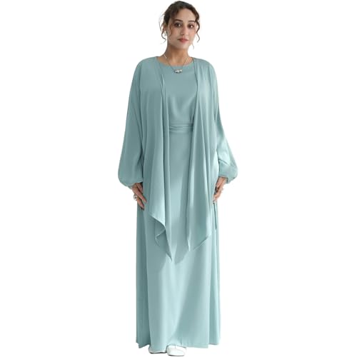 2PCS Muslim Abaya Dress for Women Smooth Satin Prayer Cardigan with Belt - color: Light Green, size: Medium-Large