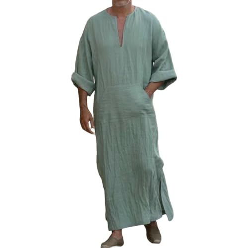 Muslim Robe Kaftan for Men Long Sleeve Solid V Neck Shirts Linen Kaftan Muslim Long Gown Side Split Ethnic Thobe Robe - color: Green, size: 3X-Large
