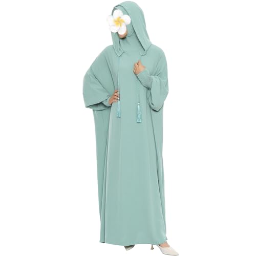 khalat Muslim Prayer Dress Abaya Solid One-Piece Hoodie Abaya Dress for Women Long Maxi Dress Islamic Dubai Jilbab - color: Light Green