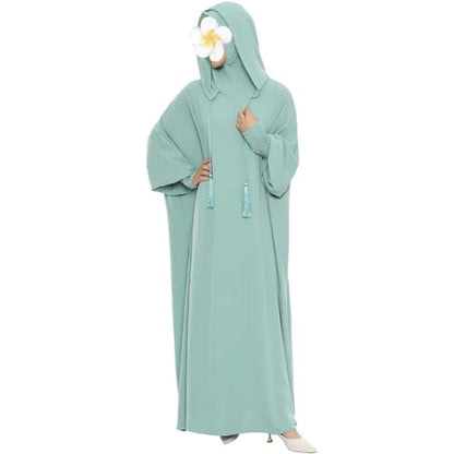 khalat Muslim Prayer Dress Abaya Solid One-Piece Hoodie Abaya Dress for Women Long Maxi Dress Islamic Dubai Jilbab - color: Light Green