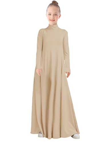 WSPLYSPJY High Neck Kids Girls Abaya Dress Solid Color Muslim Robe Prayer Clothes with Pockets - color: 라이트 카키., size: 9-10세