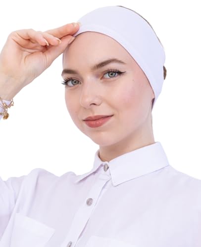 Prien Women Cotton Hijab Cap, Stretchy Head Cover, Pre-Sewn Inner Muslim Scarf Undercap, Non Slip Headband for Daily Wear - color: White