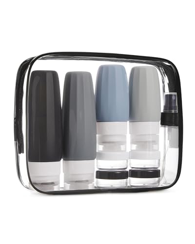 BAGSMART 18 Pack TSA Approved Travel Bottles for Toiletries, Leak Proof Silicone Travel Size Containers Bottles for Shampoo, Grey - color: Grey-3, style: 18 Pack Travel Bottle Set
