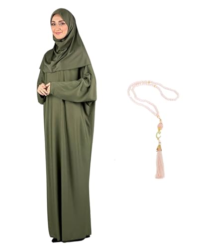 Women Prayer Clothes with Hijab Muslim Outfits Long Robe Abaya Turkish Islamic Dresses Dubai Kaftan with Rosary - color: Khaki