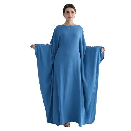 Abaya Muslim Women Dress Batwing Sleeve Loose Maxi Modest Islamic Clothes Prayer Dress with Hijab Scarf - color: Blue
