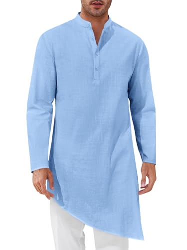 Runcati Mens Kaftan Robe Thobe Cotton Long Sleeve Henley Shirt Casual Muslim Gown Kurta Tops - color: Sky Blue, size: XX-Large