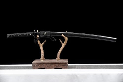41 in All Black Japanese Samurai Katana Sword Functional Damascus Folded Steel