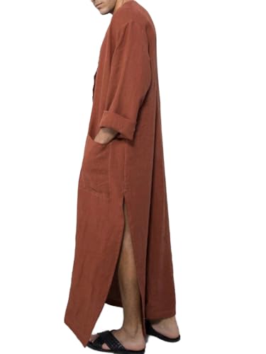 OhMill Men's Kaftan Thobe Long Sleeve Muslim Robe Button Up Side Split Kaftan Thobe with Pockets - color: Brown-l