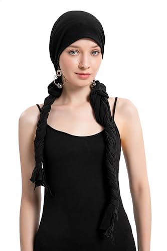 ZLYC Chemo Headwear Long Pre Tied Head Scarf Beanie for Women - color: Braid Solid Black