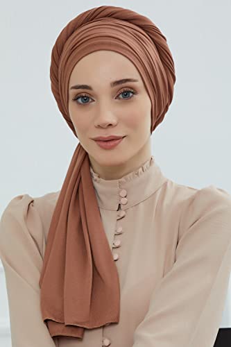 Aisha's Design Instant Hijab Scarves for Women, 95% Cotton Pretied Bonnet Turban Easy to Wear Cotton Headscarf - color: Caramel Brown