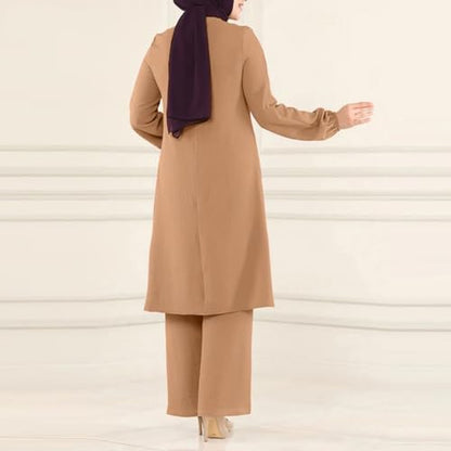 Abayas Dress For Women Muslim Long Sleeve Loose Top Pants 2 Pcs Dubai Islamic Muslim Women Matching Sets - color: Khaki B, size: Large