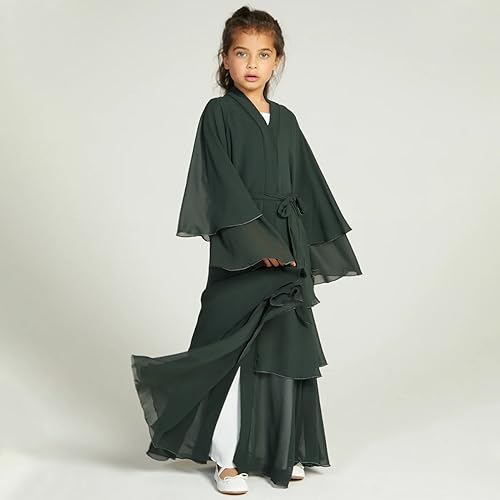 IDOPIP Muslim Girls Abayas Dress for Kids Long Sleeve Chiffon Islamic Kaftan Robe Open Front Cardigan Prayer Dress with Hijab - color: Green, size: 9-10 Years