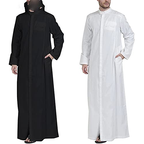 Men Muslim Clothes Solid Color Jubba Thobe Long Sleeve Stand Collar Robes Dubai Middle East - color: White, size: Small