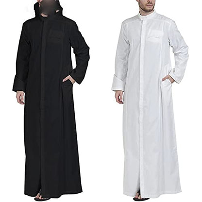 Men Muslim Clothes Solid Color Jubba Thobe Long Sleeve Stand Collar Robes Dubai Middle East - color: Black, size: XX-Large
