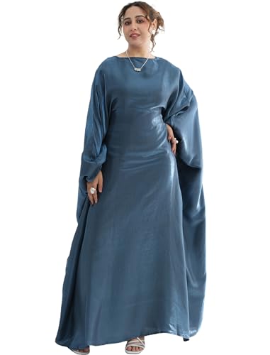 Dubai Bat Sleeve Dress Shiny Robe for Women Muslim 1pc Abaya Eid Prayer Clothes Soft Dubai Travel Party Dress Maxi Abaya - color: Blue Greya, size: Large