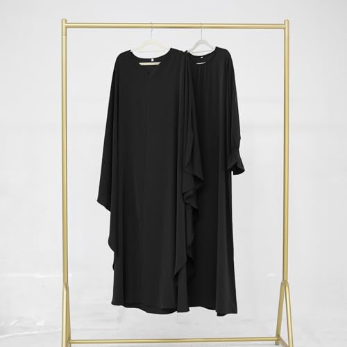 2PCS Women's Muslim Abaya Dress Lace Cuffs Islamic Dubai Prayer Robe Smooth Flowy Muslim Women Clothes - color: Black, size: Medium