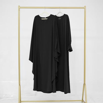 2PCS Women's Muslim Abaya Dress Lace Cuffs Islamic Dubai Prayer Robe Smooth Flowy Muslim Women Clothes - color: Black, size: Medium