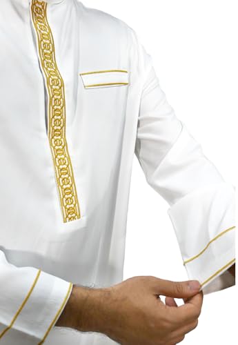 Traditional Men's Long Sleeve Thobe With Gold-tone Embroidery And Ankle Length Design - size: X-Large