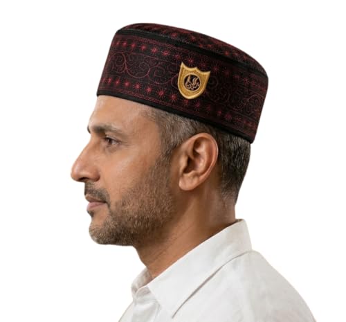 Muslim Kufi Prayer Hat for Men AMN-462 Islam Skull Cap Unique Design Beanie Embroidered Round Topi Headwear Ramadan Eid Gift - color: Bk_red, size: X-Small