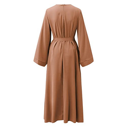 Casual Maxi Dresses for Women Long Sleeve Spring Pleated Flowy A Line Prayer Dress Muslim Dresses with Belt - color: Beige, size: Large