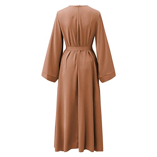 Casual Maxi Dresses for Women Long Sleeve Spring Pleated Flowy A Line Prayer Dress Muslim Dresses with Belt - color: Beige, size: X-Large