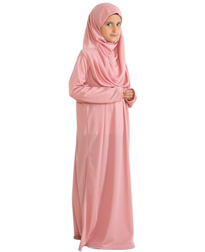 Prien Kids Prayer Dress Muslim Clothes for Girls Long Sleeve Abaya with Hijab Two Piece Maxi Islamic Set Scarf Kaftan Jilbab - color: Powder Pink